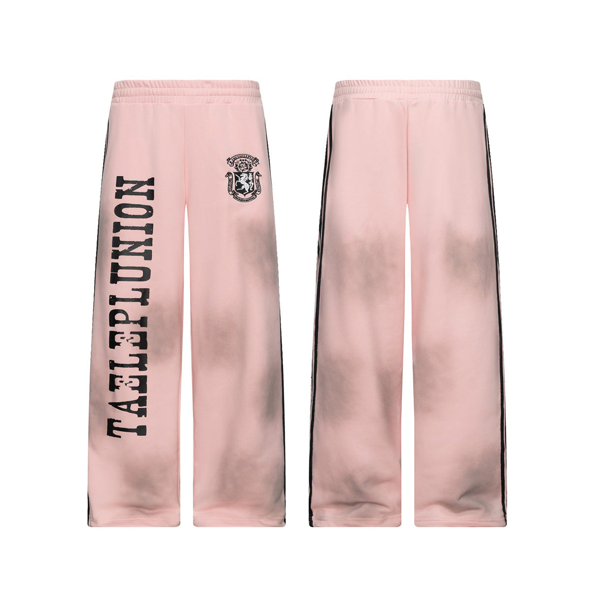 Pantalon de survêtement wide leg – Rose délavé avec bande latérale et écusson brodé