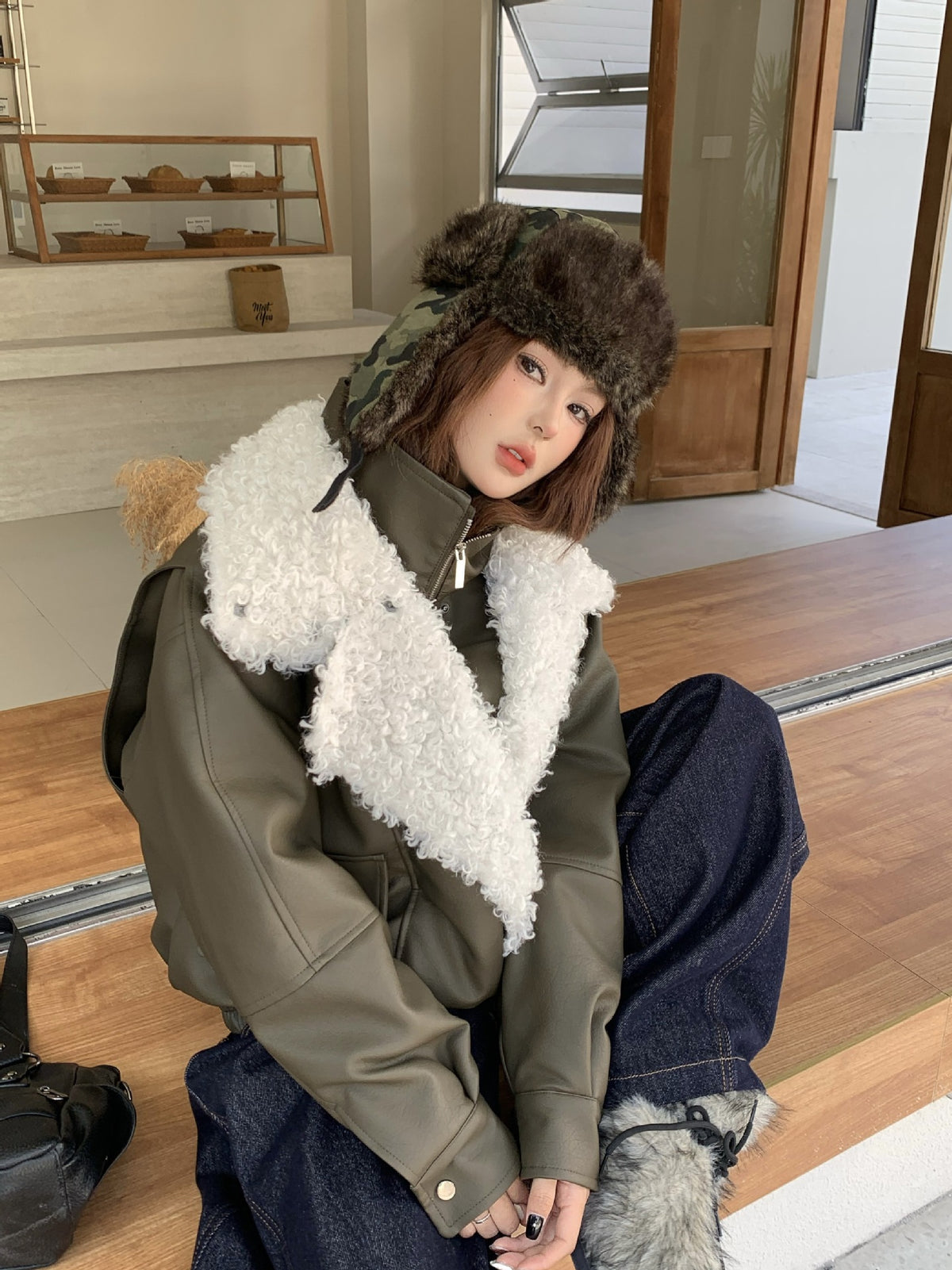 Veste en simili cuir et fourrure, bomber oversize à col sherpa