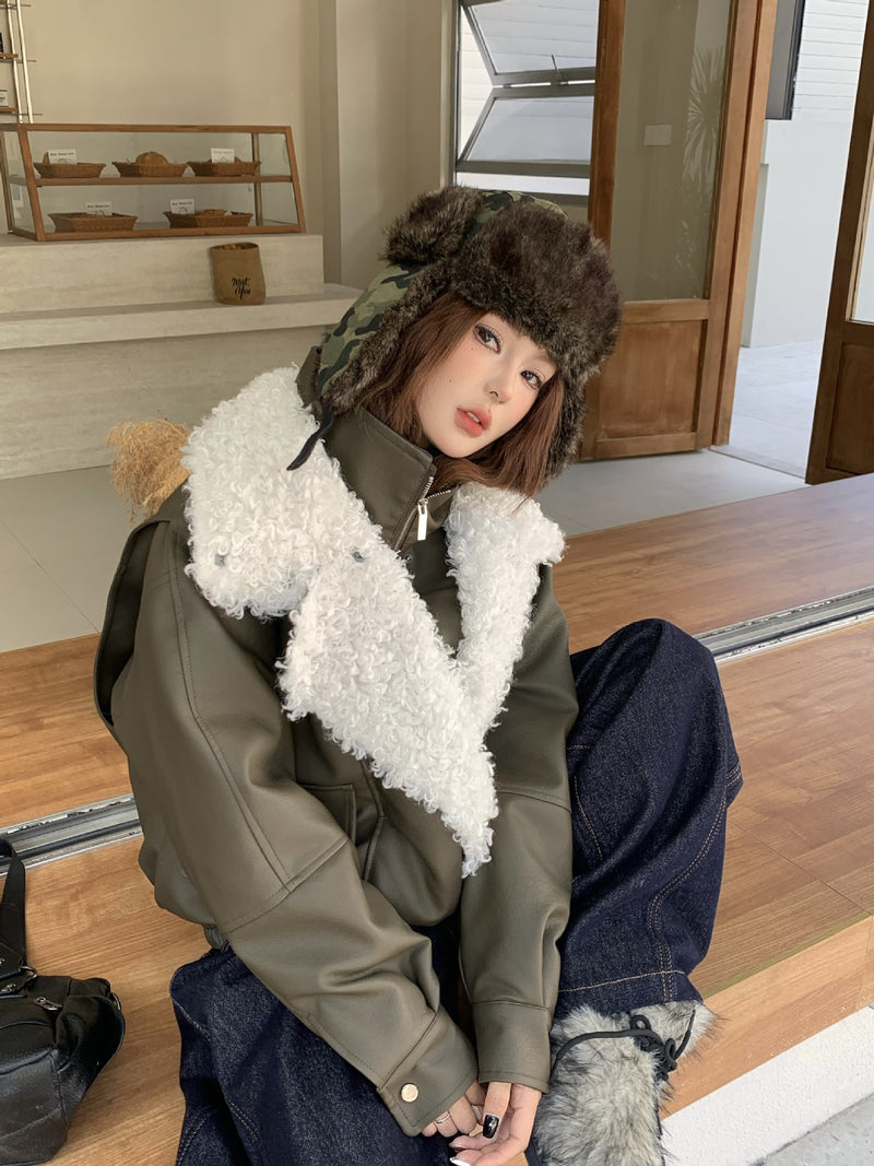 Veste en simili cuir et fourrure, bomber oversize à col sherpa