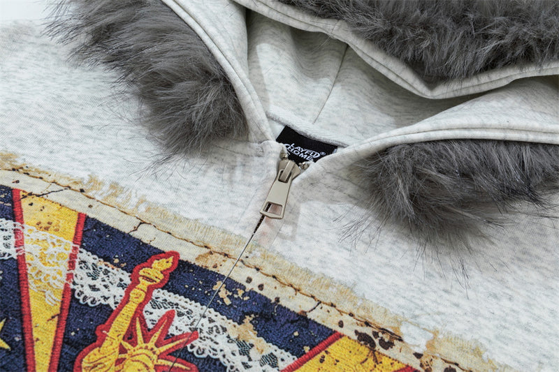 Sweat à capuche zippé oversize avec bordure en fausse fourrure et Statue de la Liberté vintage
