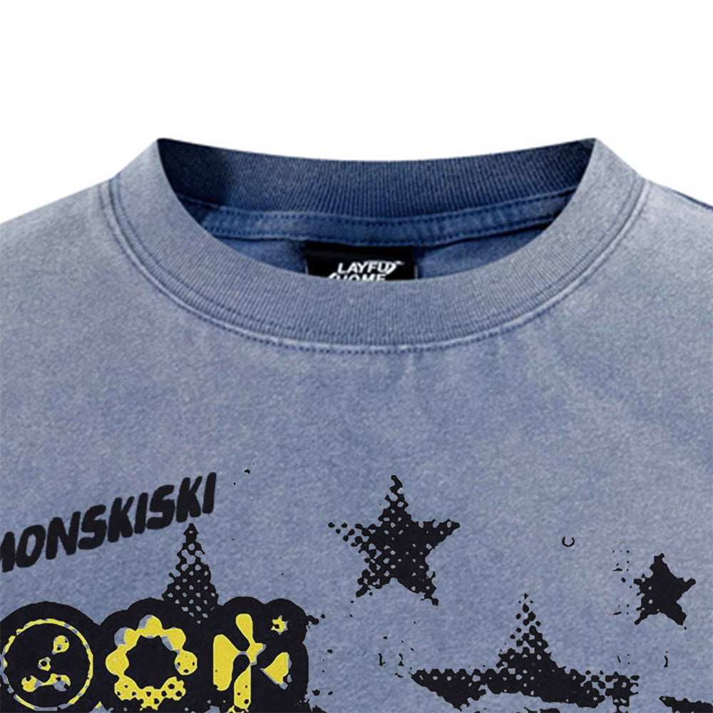 Tee-shirt graphique vintage délavé à l’acide – Imprimé étoiles Reset, coupe oversize