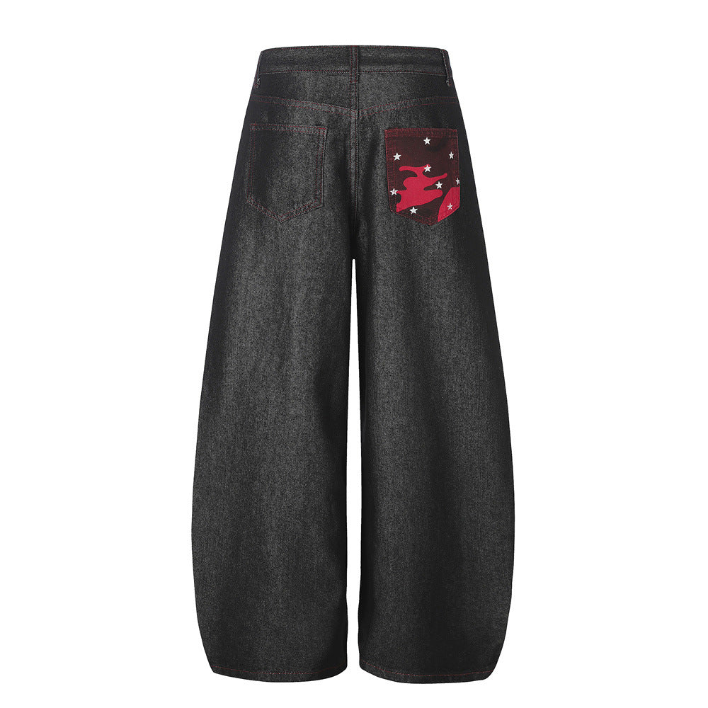 Wide-Leg Barrel Jeans – Men's High-Street Curved Silhouette with Red Stitching