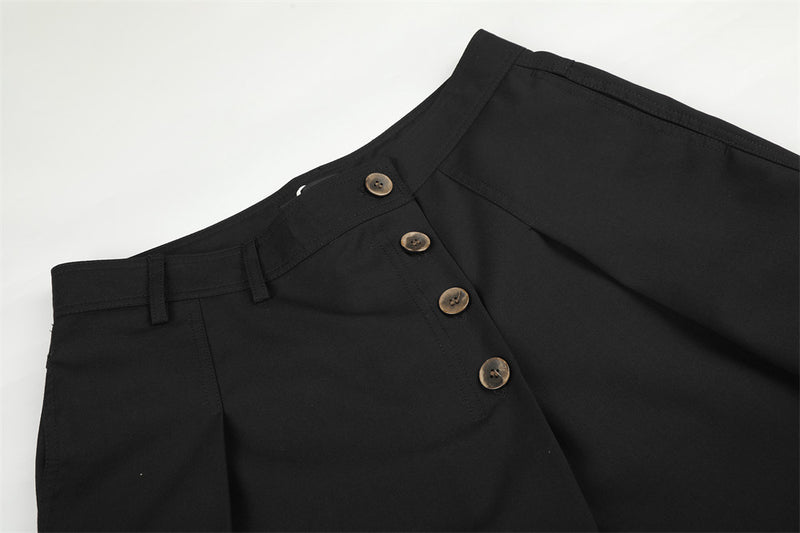 Wide-Leg Pleated Trousers with Diagonal Button Fly