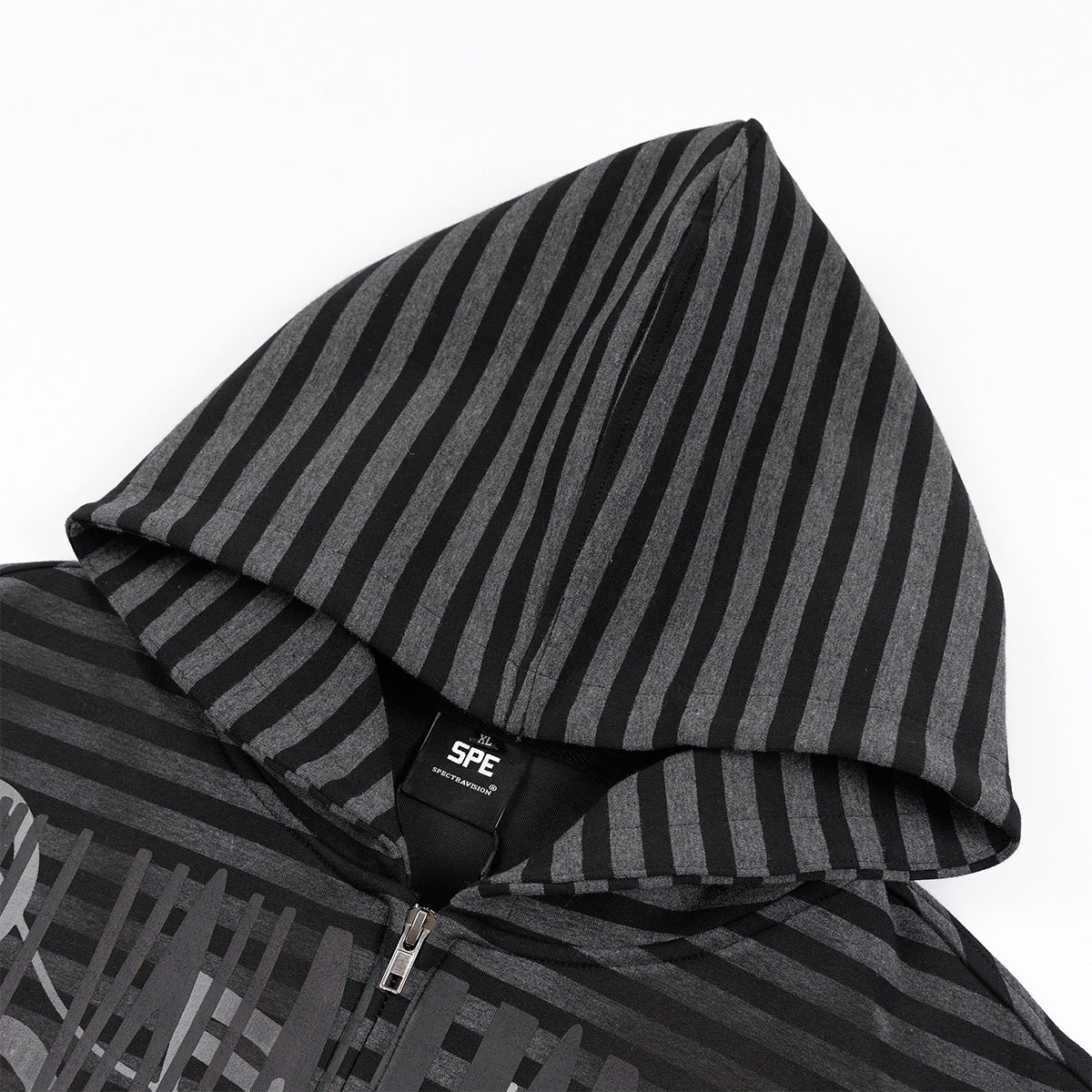 Striped Zip-Up Hoodie – Distressed Dark Streetwear with Music Graphic Print