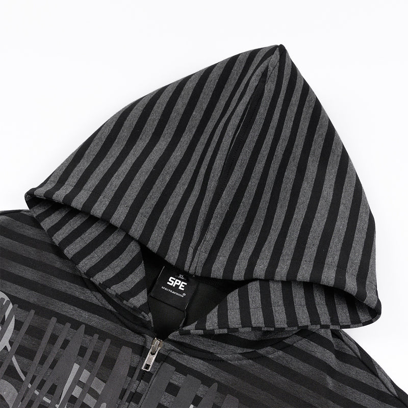 Striped Zip-Up Hoodie – Distressed Dark Streetwear with Music Graphic Print
