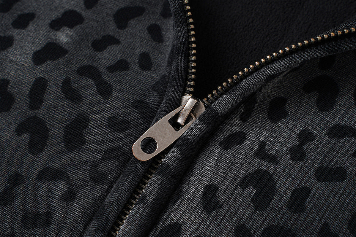 Oversized Leopard Print Zip-Up Hoodie – Fleece-Lined American Streetwear
