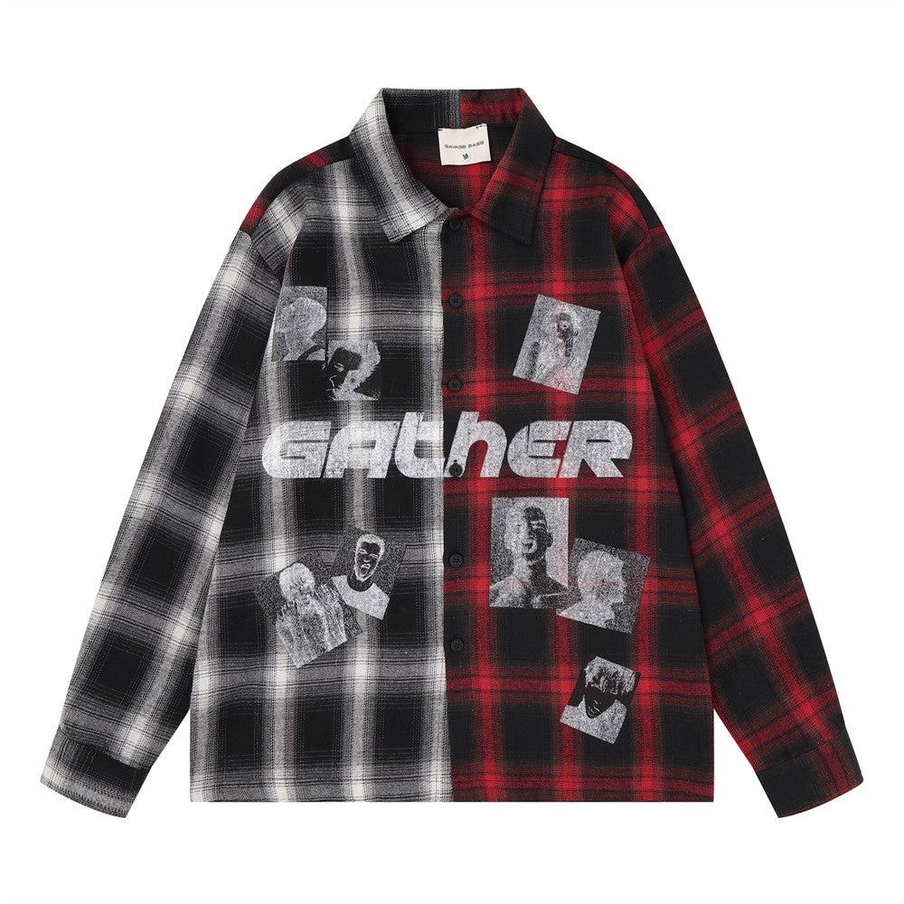 Men's oversized colorblock plaid long sleeve shirt with Gather graphic print in red-black and grey-black split panels