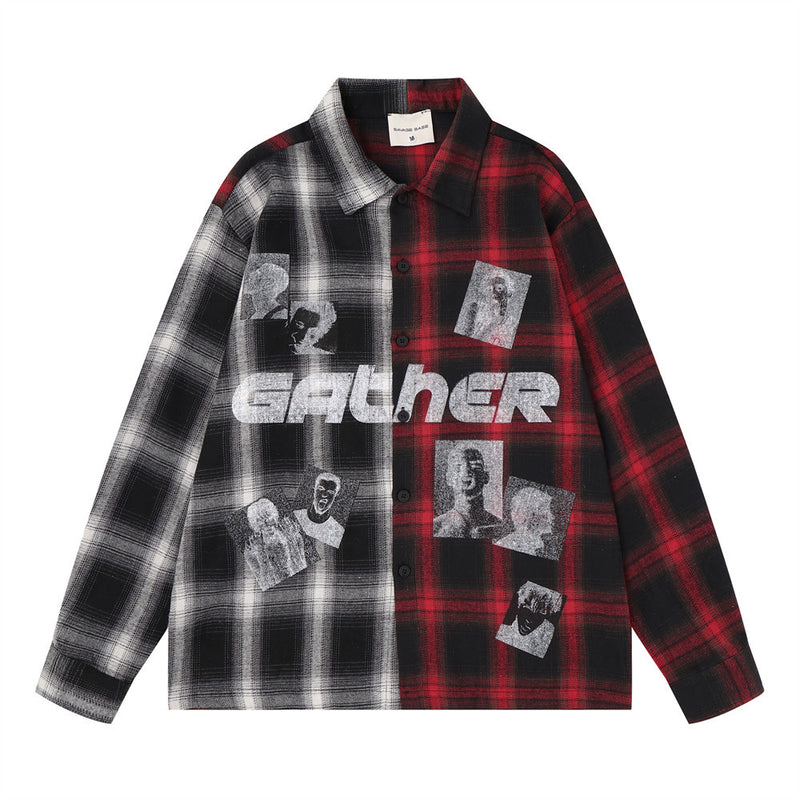 Men's oversized colorblock plaid long sleeve shirt with Gather graphic print in red-black and grey-black split panels