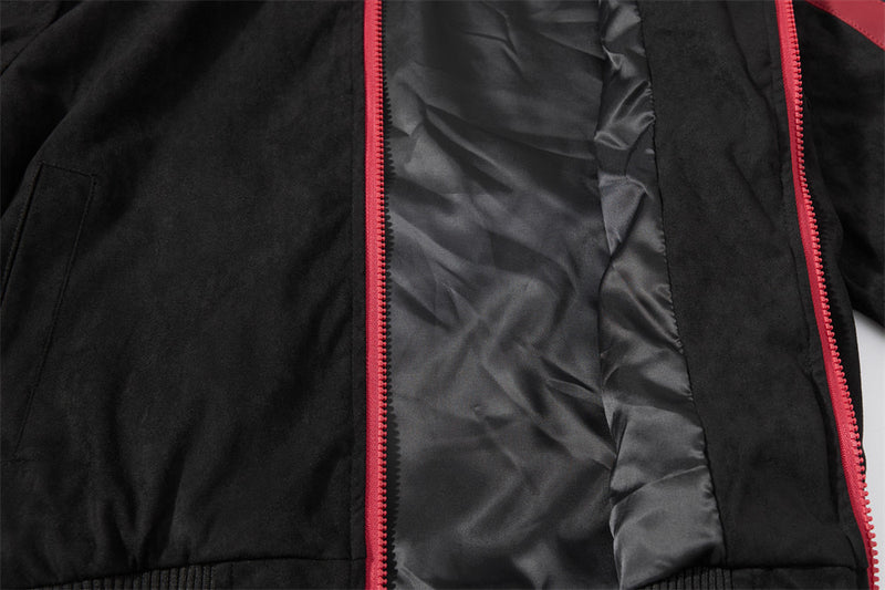 Suede Bomber Jacket Men's Black Embroidered Stand-Collar Track Jacket