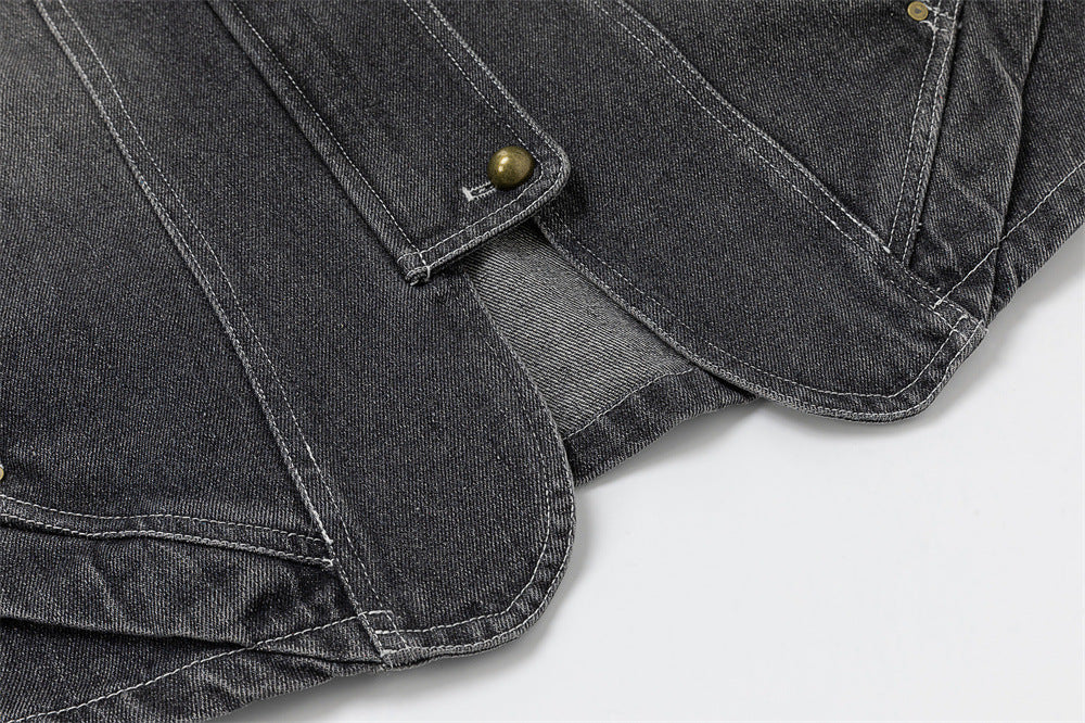 Men's Washed Denim Jacket with Metal Coin Chain Trim & Brass Buttons — Punk