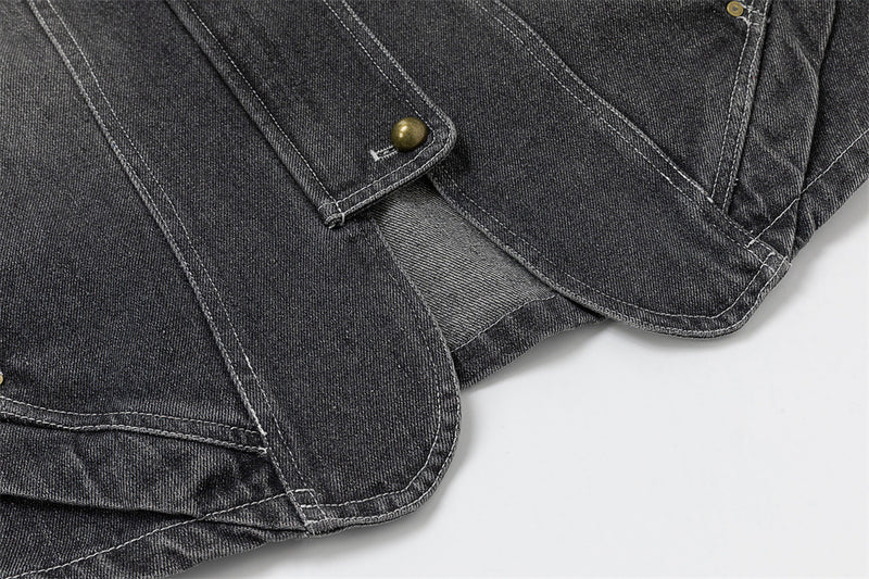 Men's Washed Denim Jacket with Metal Coin Chain Trim & Brass Buttons — Punk