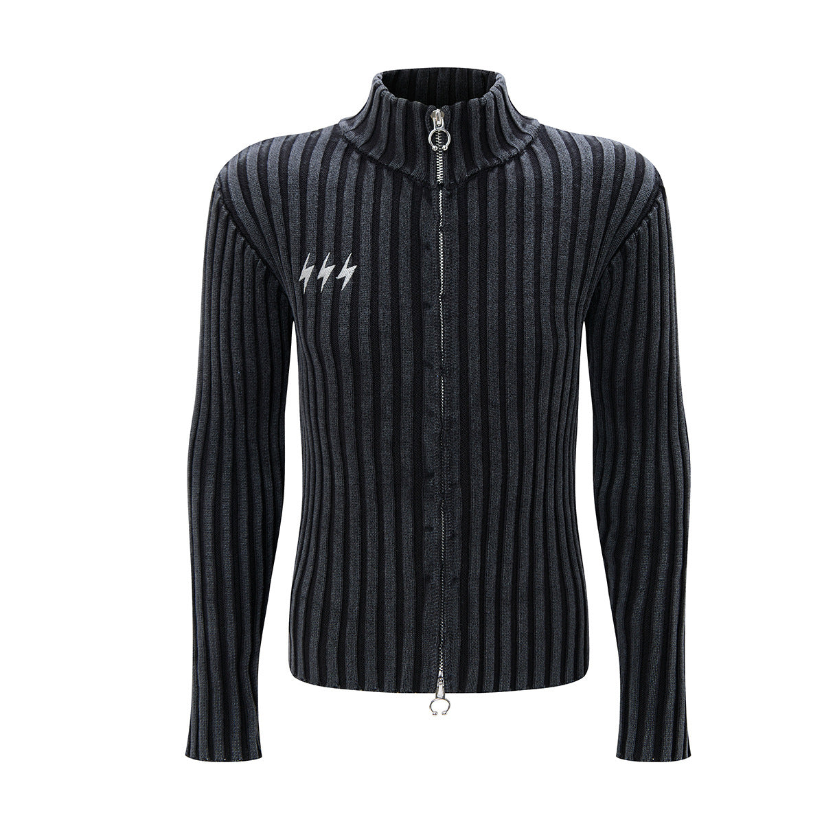 Slim ribbed knit full-zip mock-neck cardigan sweater with lightning bolt embroidery in olive green and charcoal black