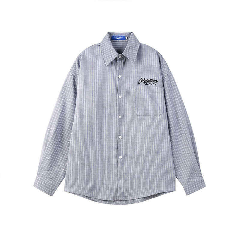 Stripe Long Sleeve Shirt with Rebellious Script Embroidery, Oversized Fit