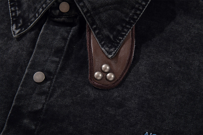 Acid Wash Denim Overshirt with Leather Patch Pockets & Snap Buttons