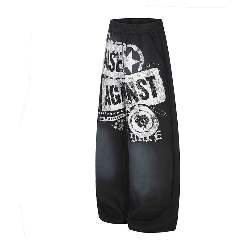 Wide-Leg Graphic Sweatpants – Rise Against Print, Washed Streetwear Baggy Fit