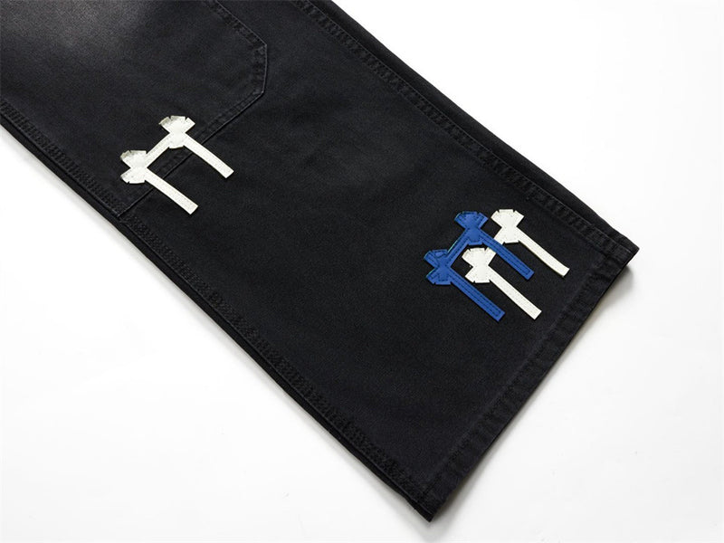 Black Washed Wide-Leg Cargo Jeans with Cross Embroidery Patches