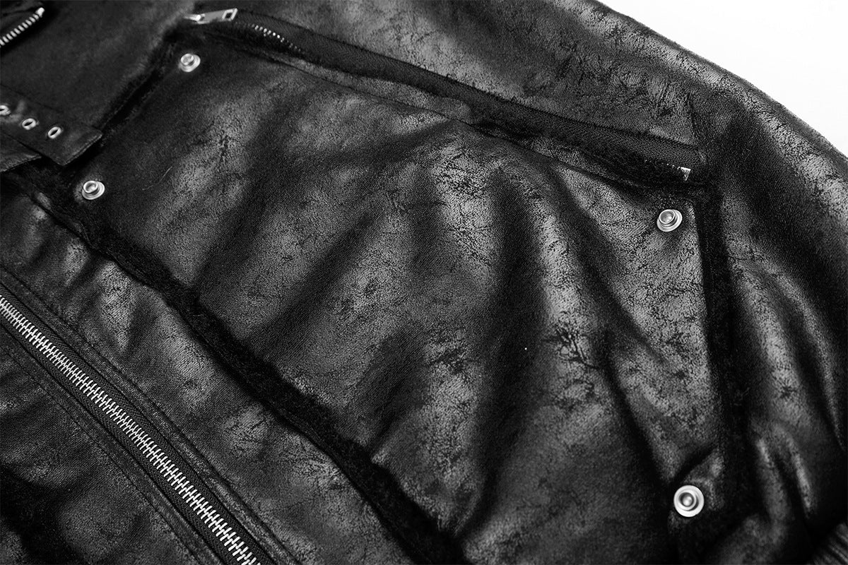 Black Faux Leather Bomber Jacket with Shearling Lining & Moto Hardware