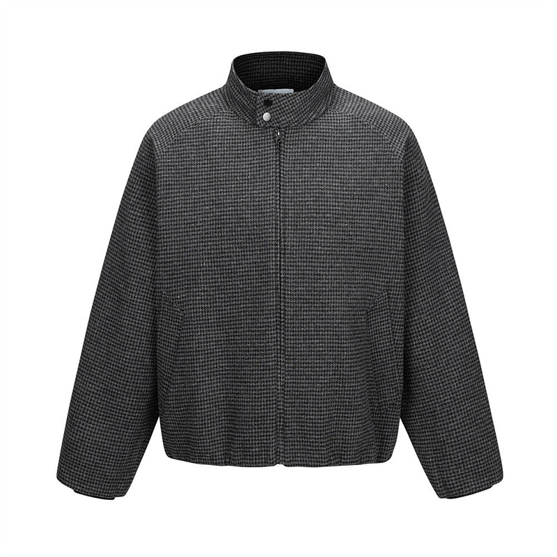 Houndstooth Wool-Blend Stand Collar Jacket – Men's Relaxed Fit Retro Bomber
