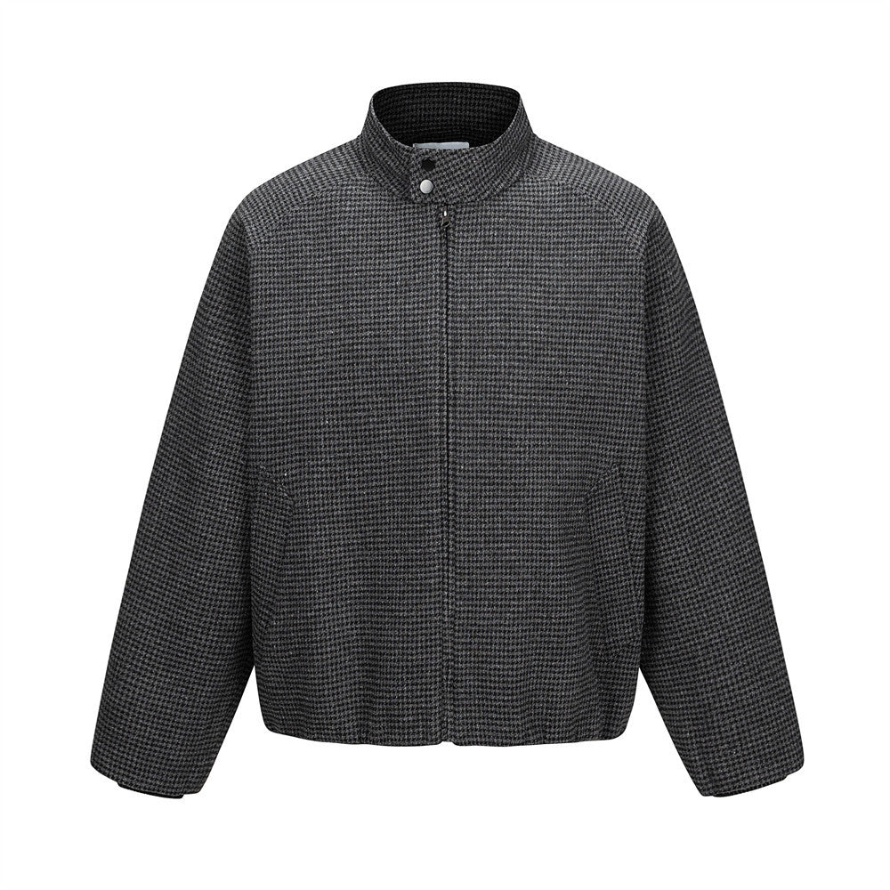Men's relaxed-fit houndstooth wool-blend stand collar jacket with hidden zip front and raglan sleeves