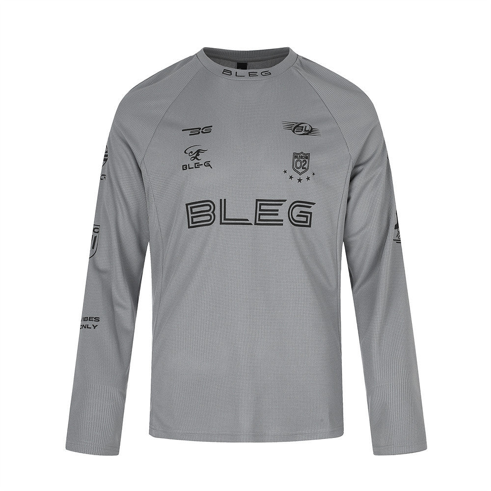 Gray long sleeve crew neck shirt front with black BLEG logo and racing-style prints