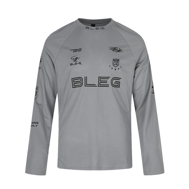 Gray long sleeve crew neck shirt front with black BLEG logo and racing-style prints