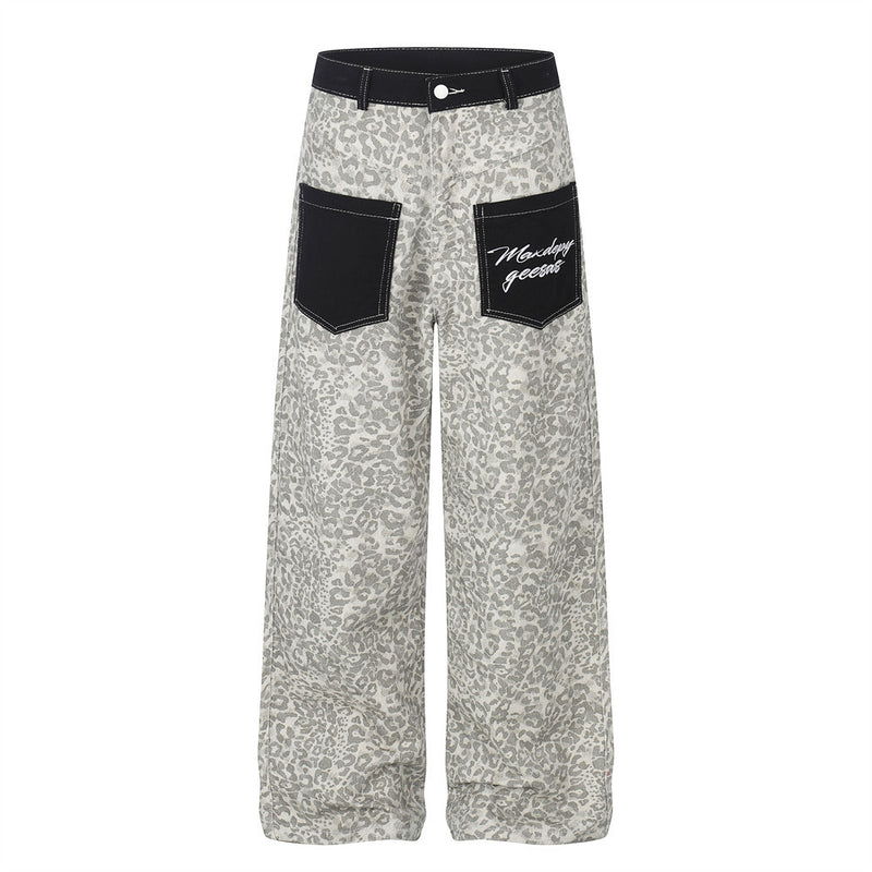 Men's grey leopard print wide-leg cargo pants with black contrast pockets and embroidered script branding, front view