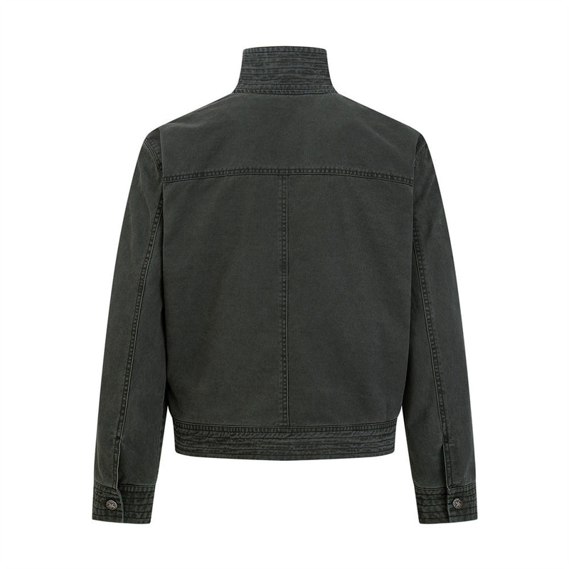 Men's Vintage Washed Stand-Collar Zip Jacket with Deconstructed Panel Seaming