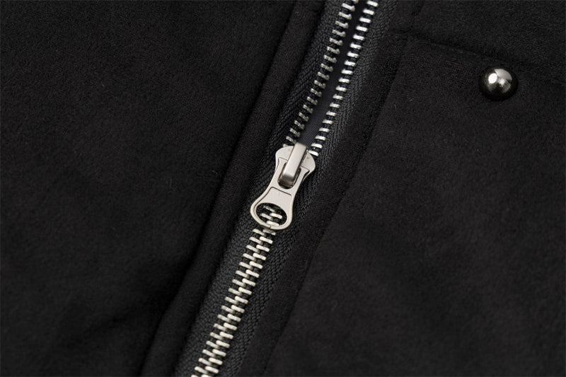 Black Fur-Trim Hooded Bomber Jacket with Arrow Sleeve Patches