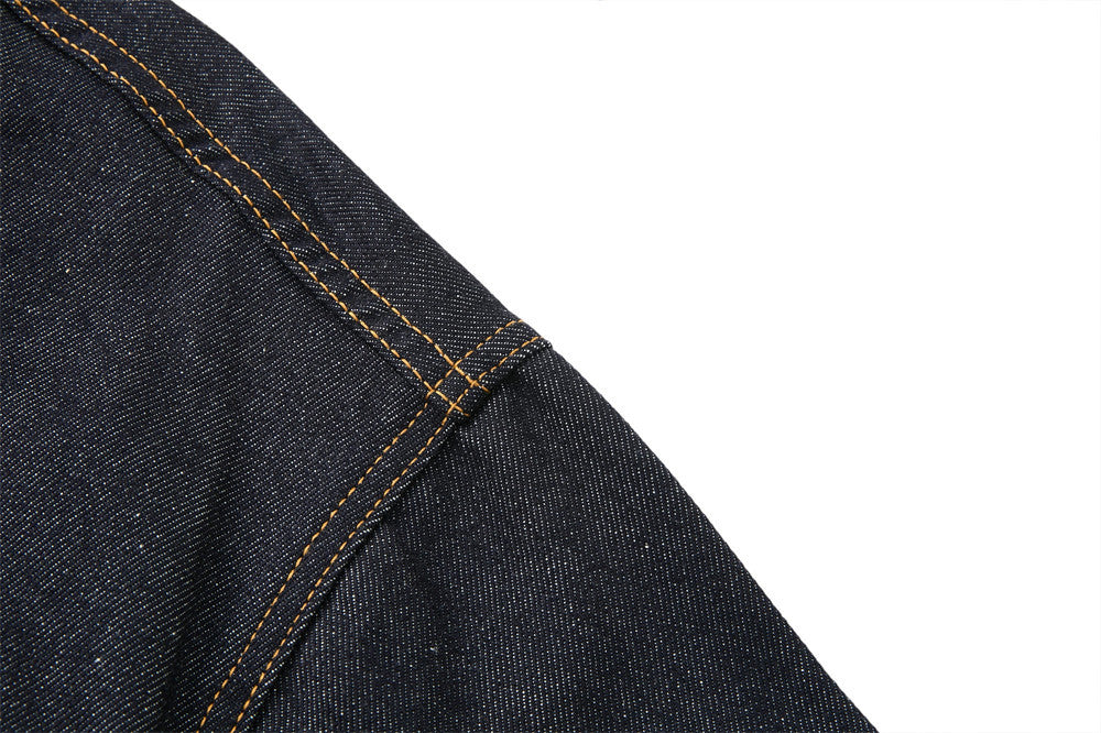 Men's Dark Indigo Denim Jacket with Metal Buckle Pleated Front Detail