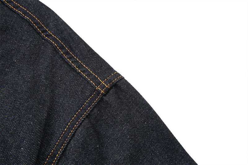 Men's Dark Indigo Denim Jacket with Metal Buckle Pleated Front Detail