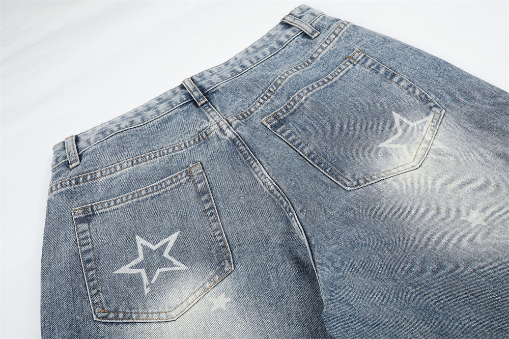 Star Embroidered Distressed Wide-Leg Jeans – Washed Baggy Denim with Ripped Knee