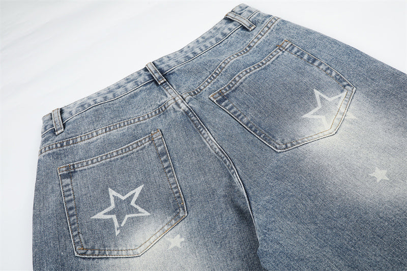 Star Embroidered Distressed Wide-Leg Jeans – Washed Baggy Denim with Ripped Knee