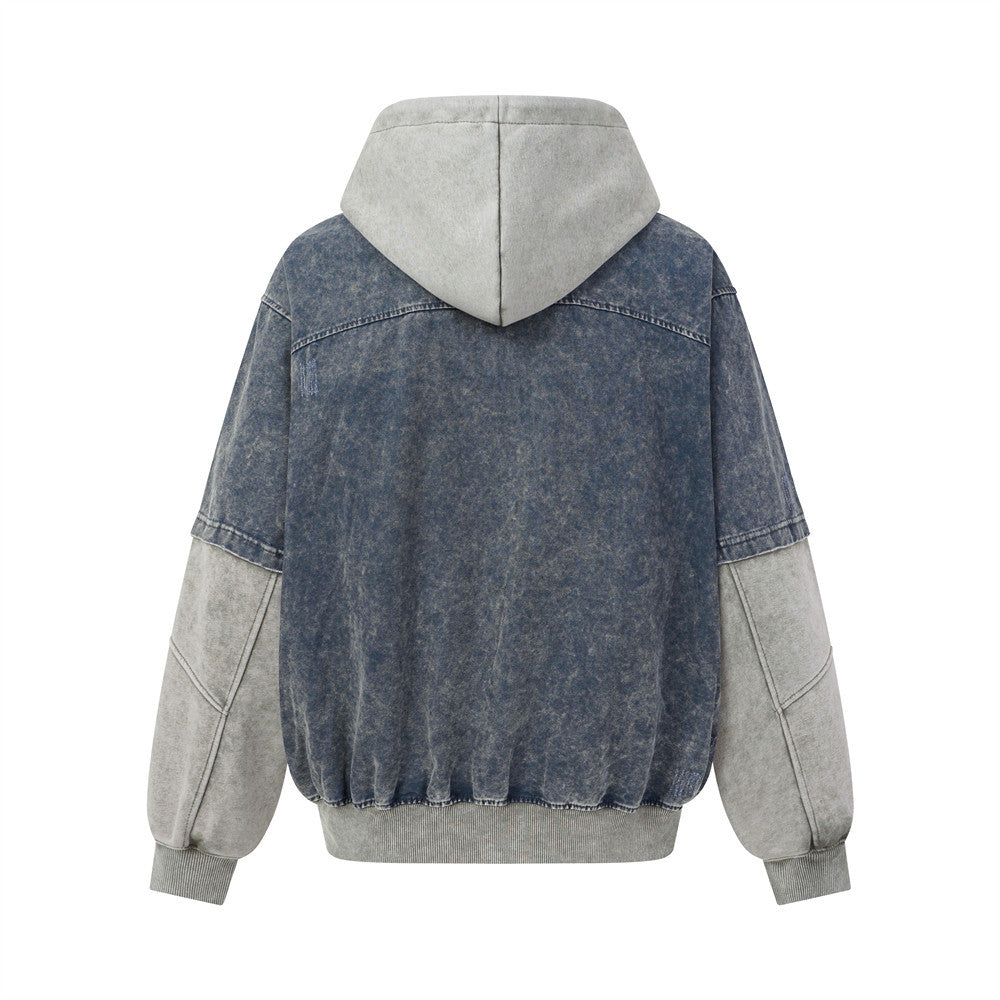 Veste à capuche homme – Bomber en denim délavé bicolore avec effet deux-pièces