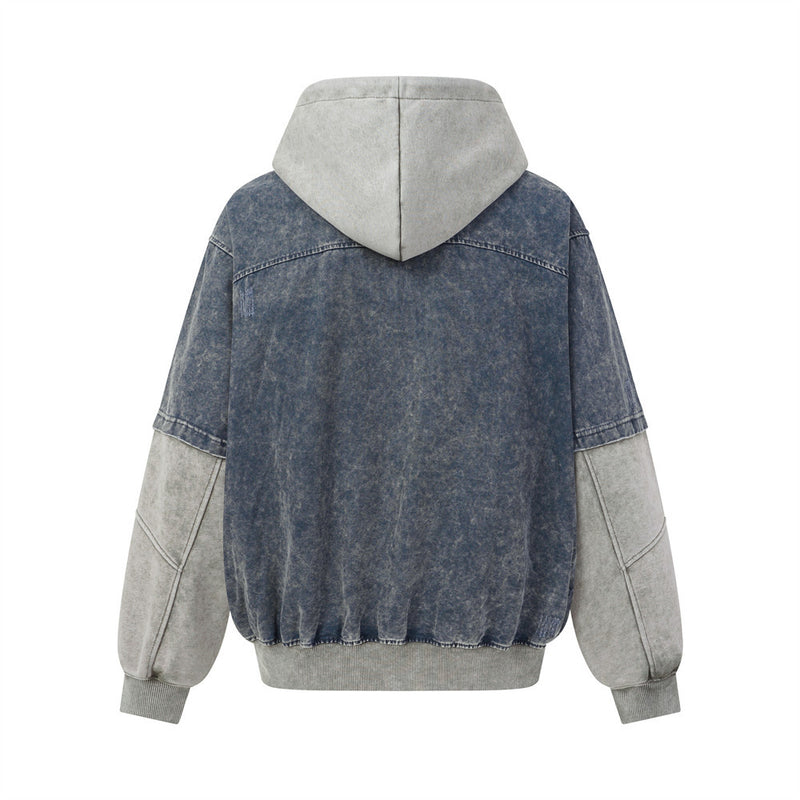 Veste à capuche homme – Bomber en denim délavé bicolore avec effet deux-pièces