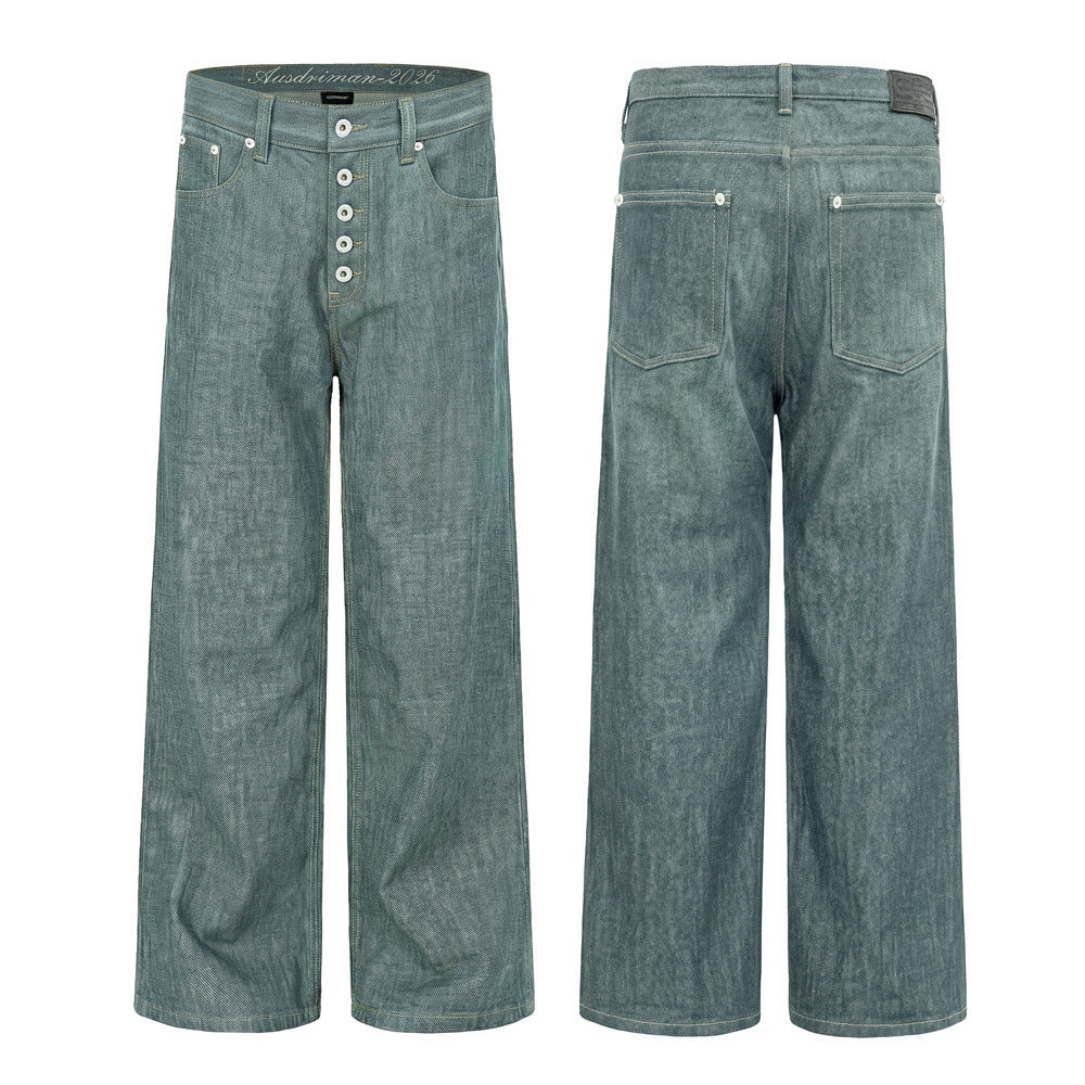 Wide-Leg Jeans Men's Button-Fly Straight Denim Pants – Lake Green