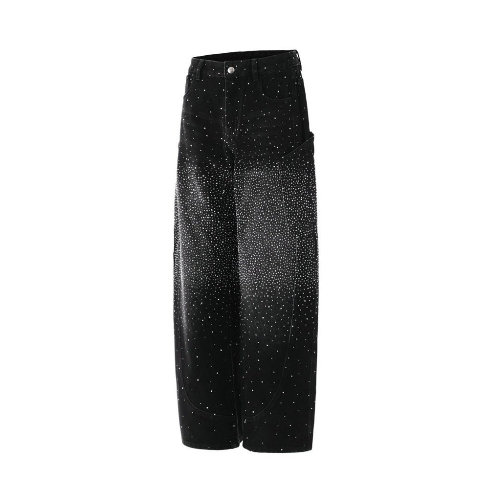 Rhinestone Wide-Leg Jeans – Men's Distressed Denim with Large Cargo Pockets &