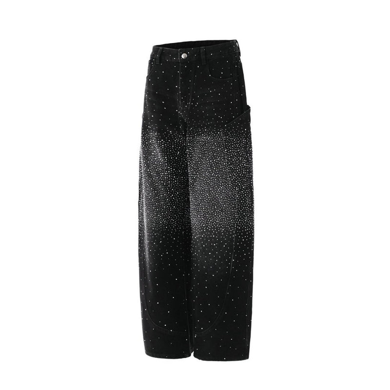 Rhinestone Wide-Leg Jeans – Men's Distressed Denim with Large Cargo Pockets &