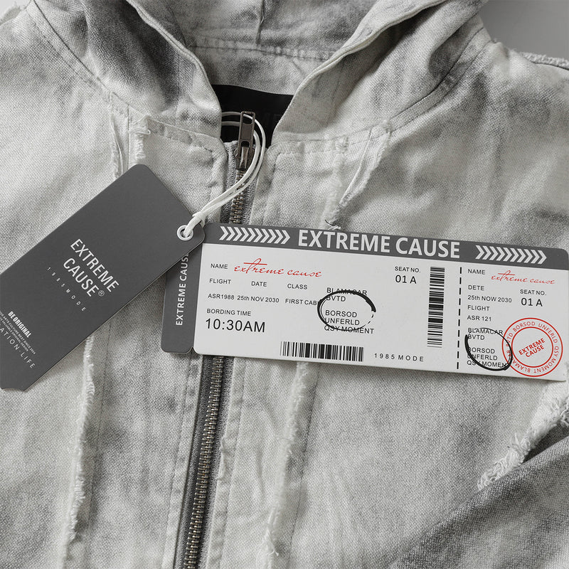 Men's Washed Distressed Zip-Up Hooded Jacket with Raw-Edge Patchwork