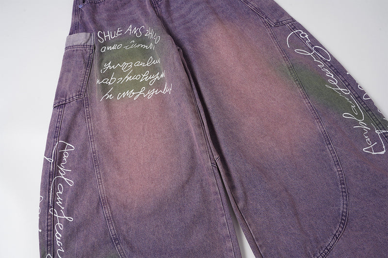 Jean taille haute à jambe large – Pantalon barrel en denim violet délavé à l’acide, imprimé graffiti