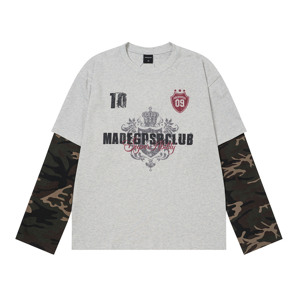 T-shirt manches longues superposé à manches camouflage – T-shirt streetwear oversize