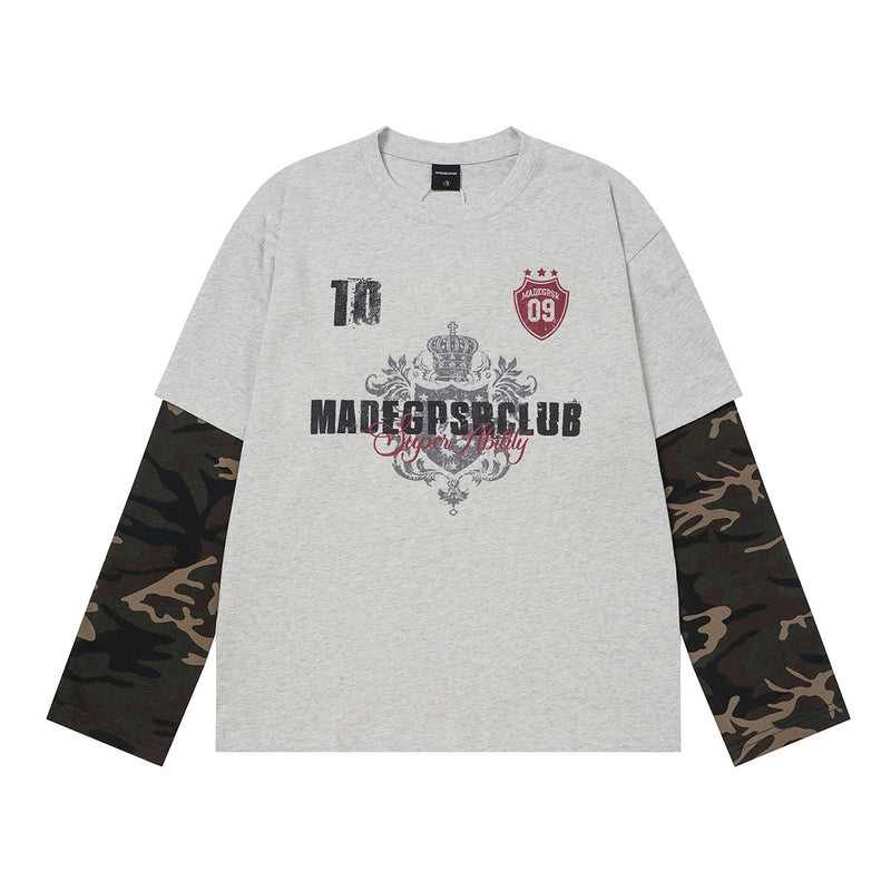 T-shirt manches longues superposé à manches camouflage – T-shirt streetwear oversize