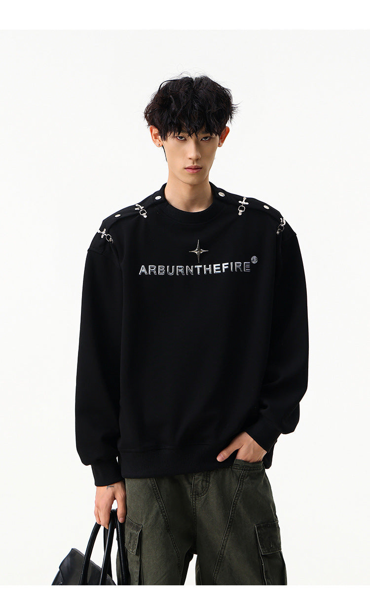 Sweat-shirt punk streetwear à col rond avec anneaux métalliques sur les épaules