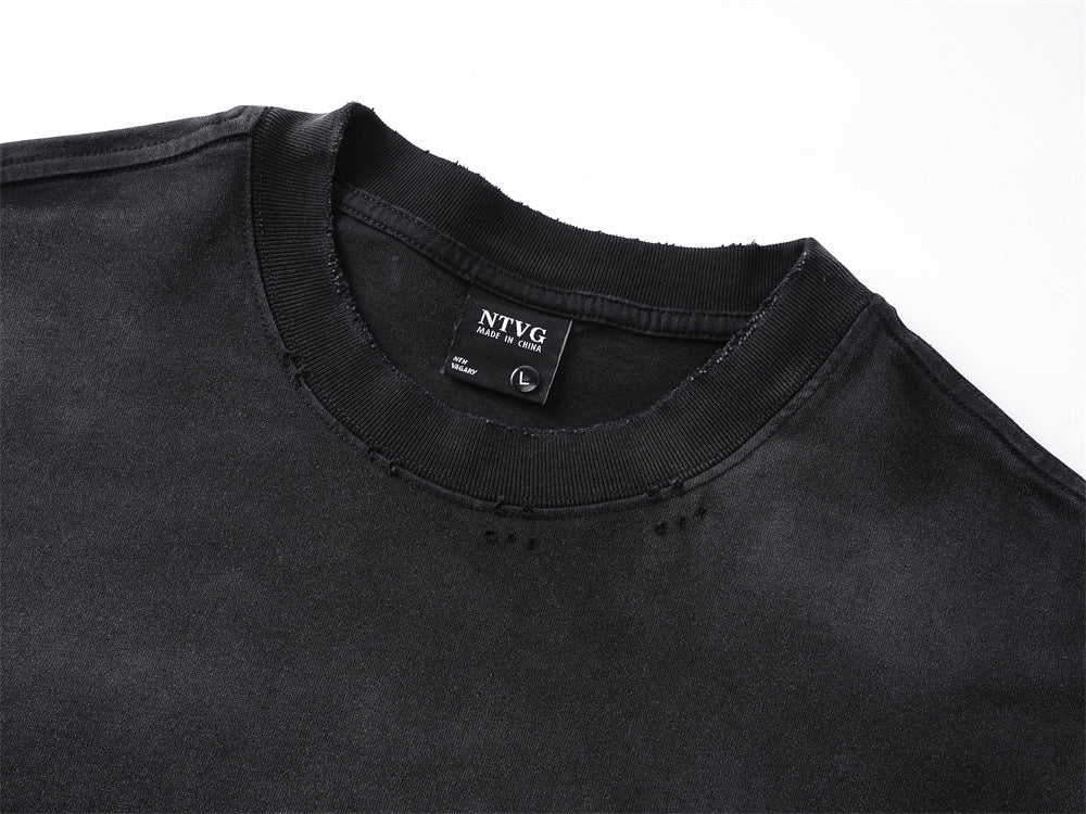 Long Sleeve T-Shirt with Cross & Flame Graphic, Distressed Washed Cotton