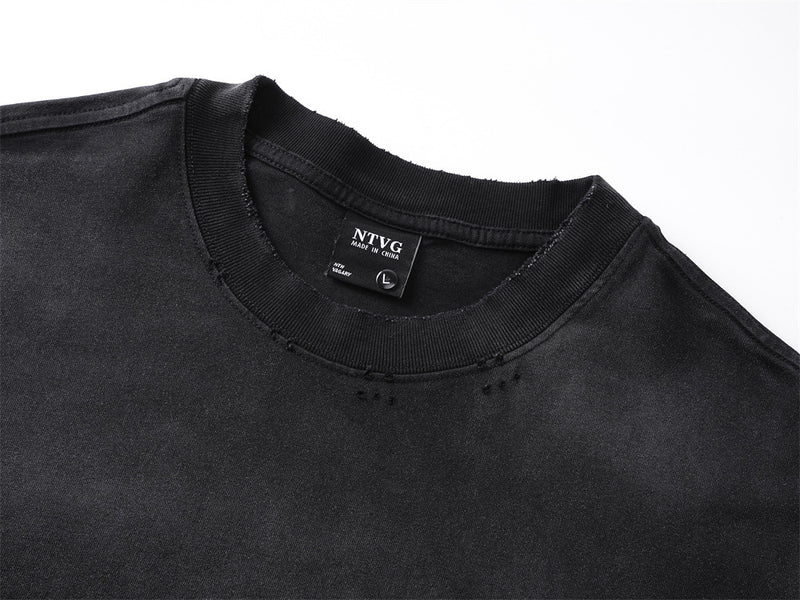 Long Sleeve T-Shirt with Cross & Flame Graphic, Distressed Washed Cotton