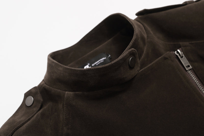 Suede Moto Biker Jacket – Cropped Stand Collar Asymmetric Zip