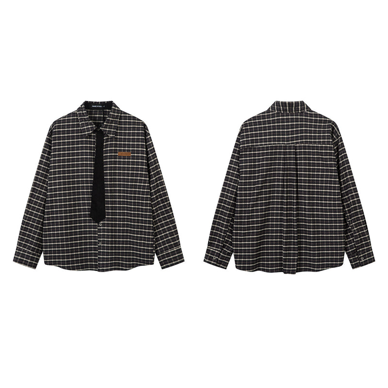 Chemise en flanelle à carreaux avec cravate amovible – Chemise noire oversize à carreaux boutonnée