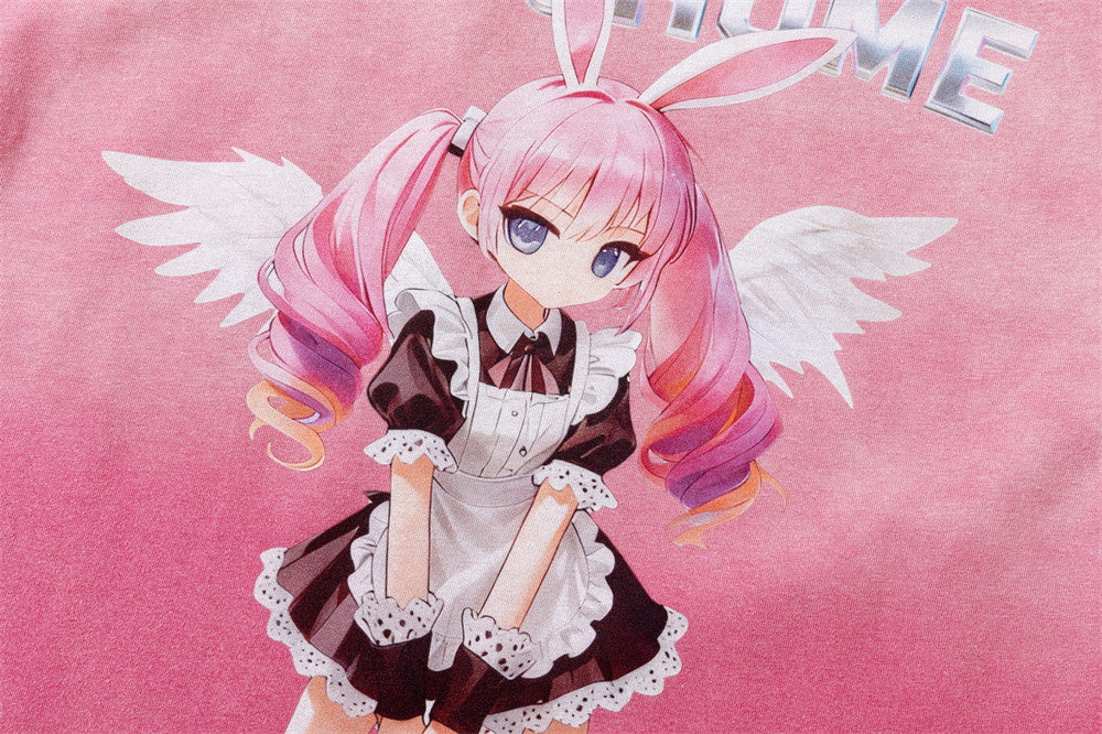 Camiseta gráfica rosa para hombre – Camiseta extragrande lavada al ácido con ángel maid de anime
