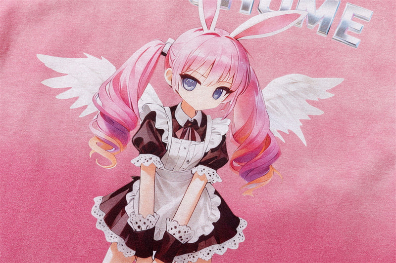 Camiseta gráfica rosa para hombre – Camiseta extragrande lavada al ácido con ángel maid de anime