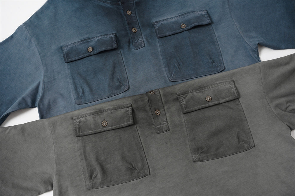 Acid Wash Oversized Henley T-Shirt with Dual Chest Pockets