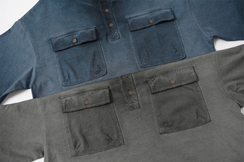 Acid Wash Oversized Henley T-Shirt with Dual Chest Pockets